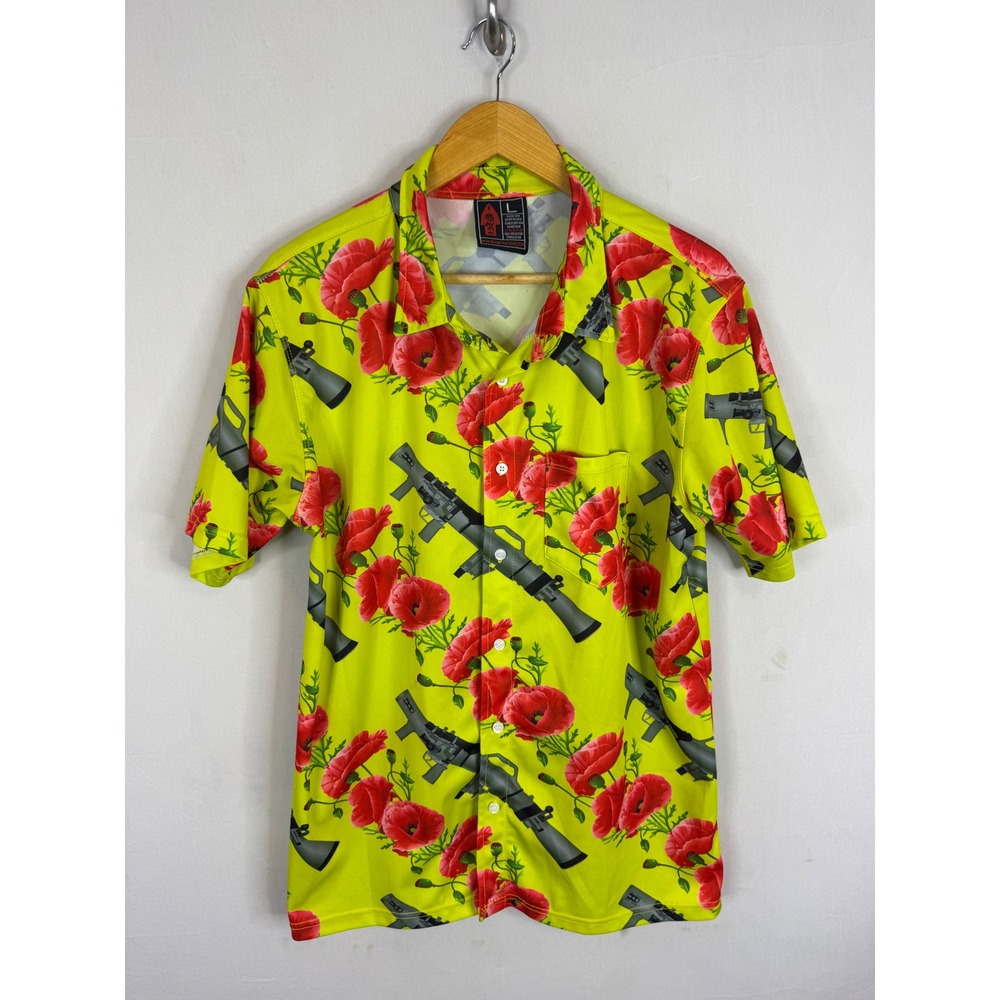 OAF Nation Mens Poppy and Rifle Print Button Down Shirt Lime Green Large